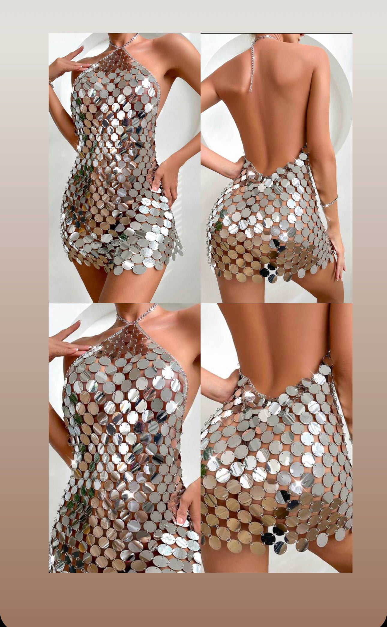 Metal halter silver mini backless dress